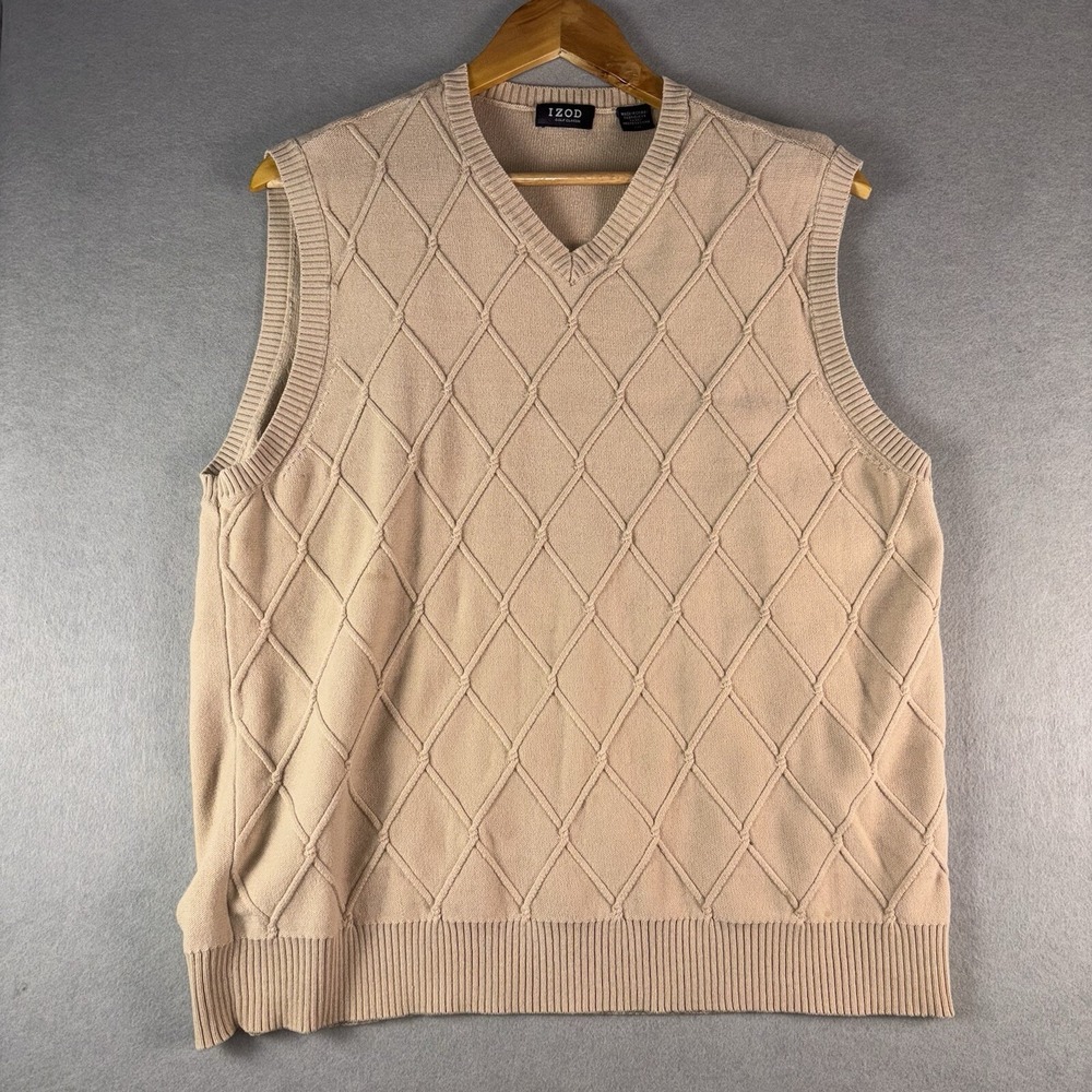 Izod Golf Classix Mens Large Tan Beige V-Neck Diamond Cable Knit Sweater Vest